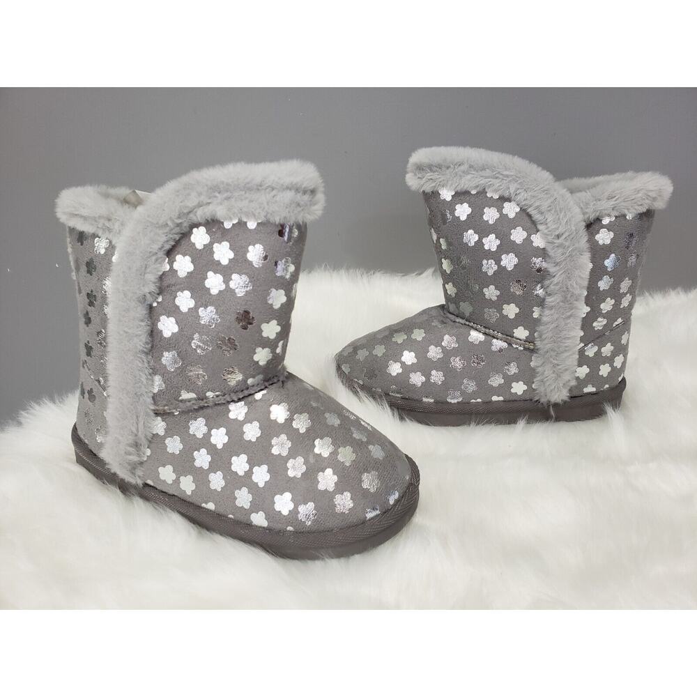 NEW Sz 3 Girls Flower Silver Gray Metallic Flower Faux-Fur Slipper Winter Boot